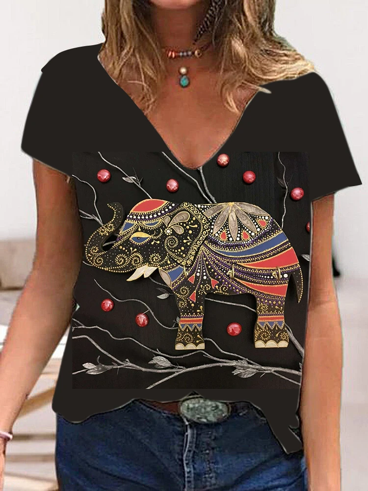 

Harajuku 6XL V-Neck Original T-Shirt, Elephant Floral Super Cute, Soft Material, Casual Fashion Trend, Women's Top T-Shirt,