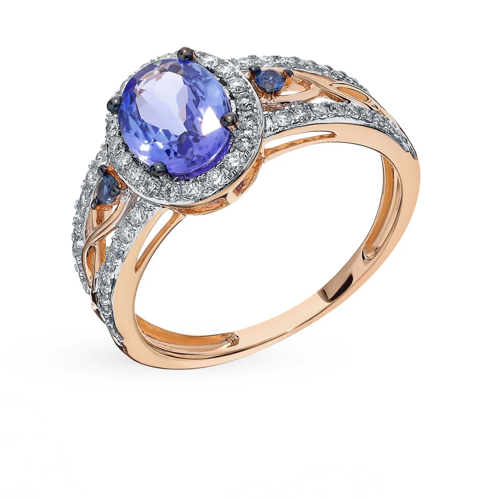 Золотое кольцо с танзанитом сапфирами и бриллиантами SUNLIGHT проба 585|Кольца| |