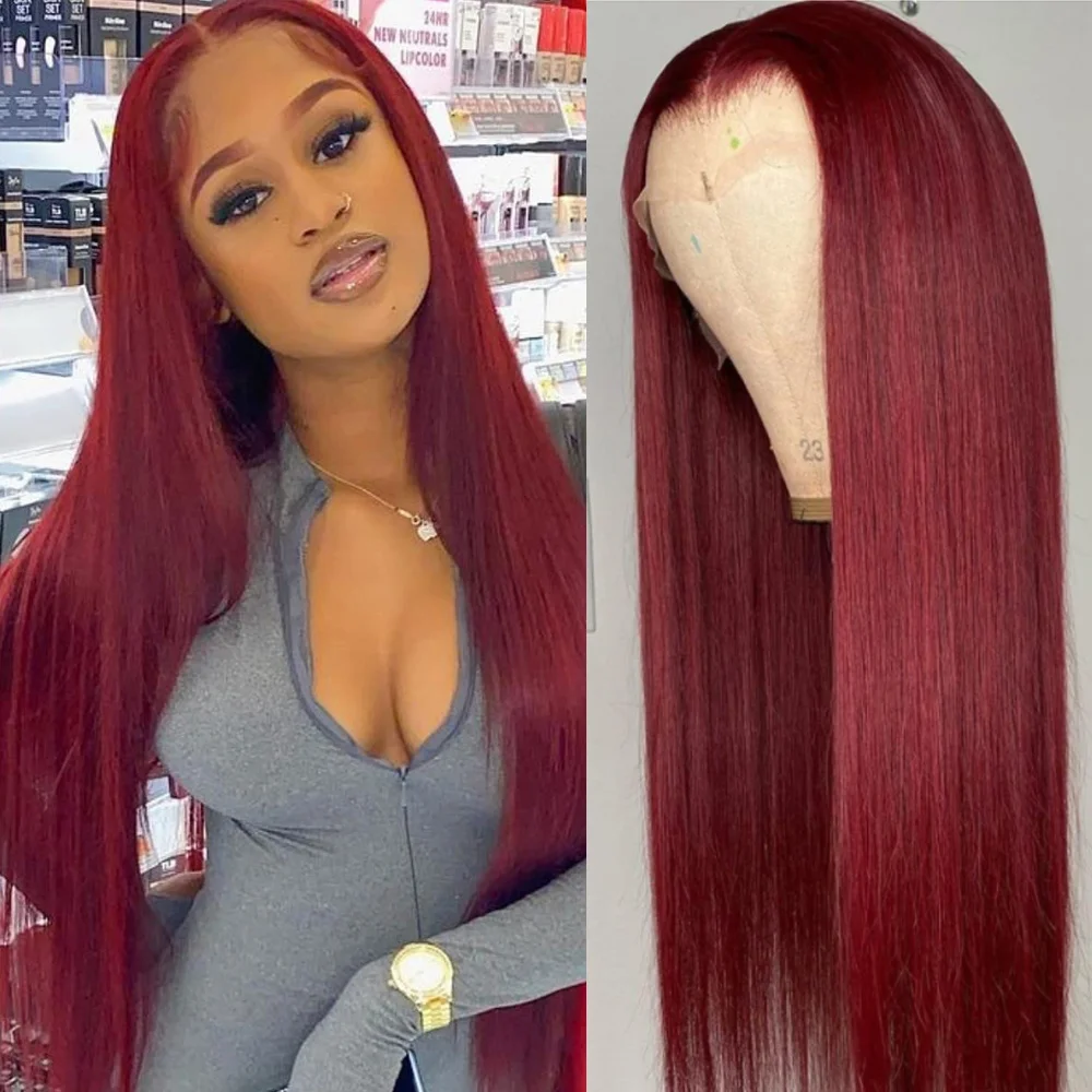

Long Straight Lace Front Wigs For Black Women Wine Red Synthetic Lace Front Wig Pre Plucked With Baby Hair Wigs Heat Resistant