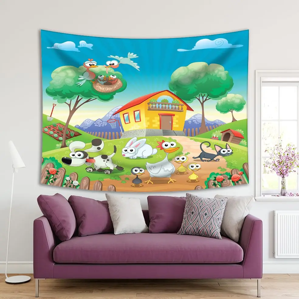 

Tapestry Cartoon Dog Cat Chicken Home with Animals Fun Illustration Blue Green Yellow