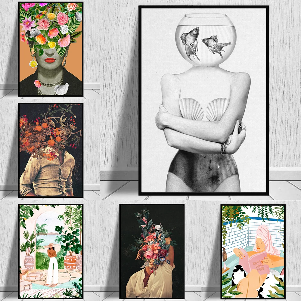 

Abstract Woman and Flowers Surreal Style Posters Wall Art Prints Comics Plant Canvas Painting for Living Room Decoration Cuadros