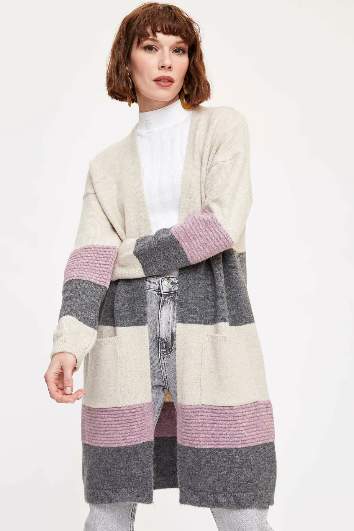 DeFacto Женский Повседневный длинный кардиган вязаный полосатый желтый розовый