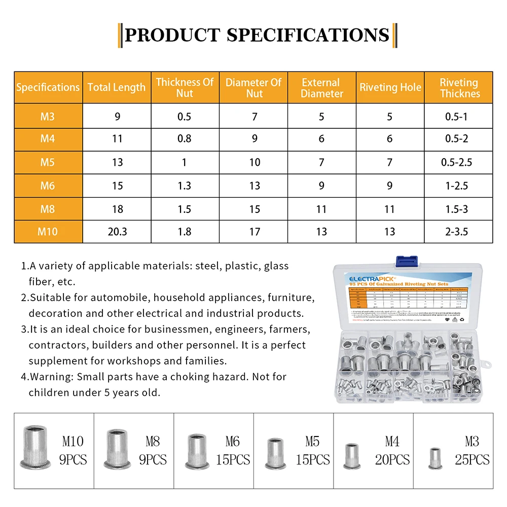 

93pcs Zinc Plated Rivetnuts Blind Set Nutserts Threaded Insert Nutsert Cap Flat Head Rivet Nuts Carbon Steel M3 M4 M5 M6 M8 M10