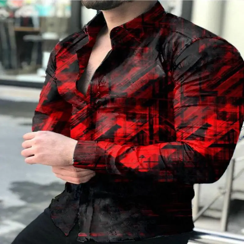 2022 new men's shirt slim casual button shirt, spring and autumn trend street fashion 3D digital printing long sleeve T-shirt