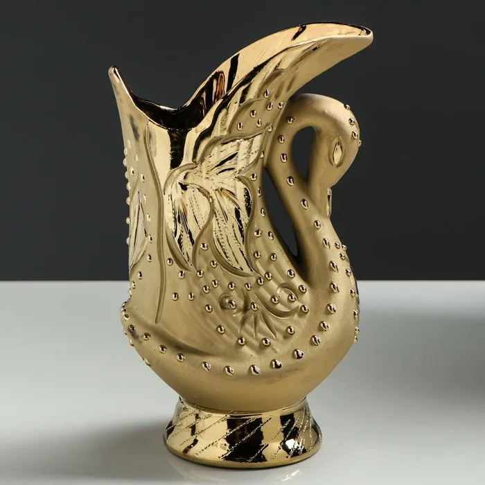 Ваза керамическая Лебедь настольная золотистая 23 см | Дом и сад
