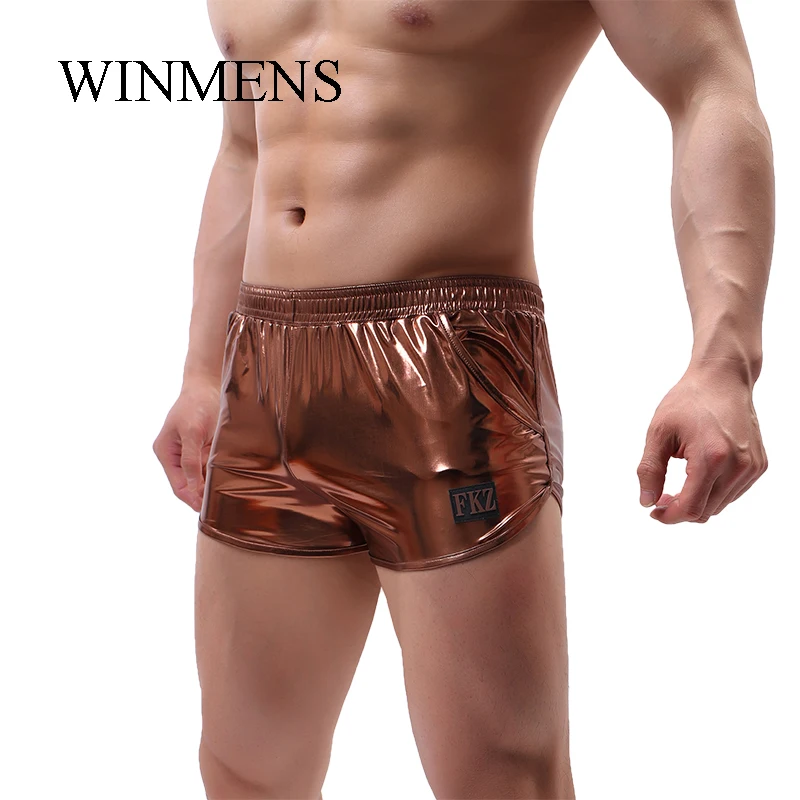 Men's Panties Candy Colors Solid Faux Leather Elastic Male Sexy Bulge Pouch Long Boxer Shorts Underwear