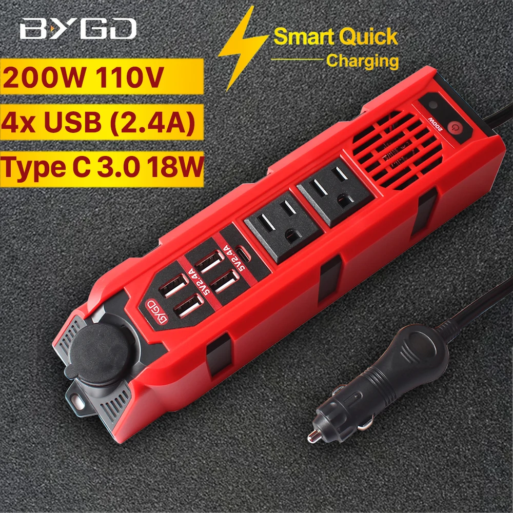 

200W Car Power Inverter DC 12V to 110V AC Converter Cigarette Lighter Dual AC Outlets Type C 2.4A 4 USB Quick Charger Adapter