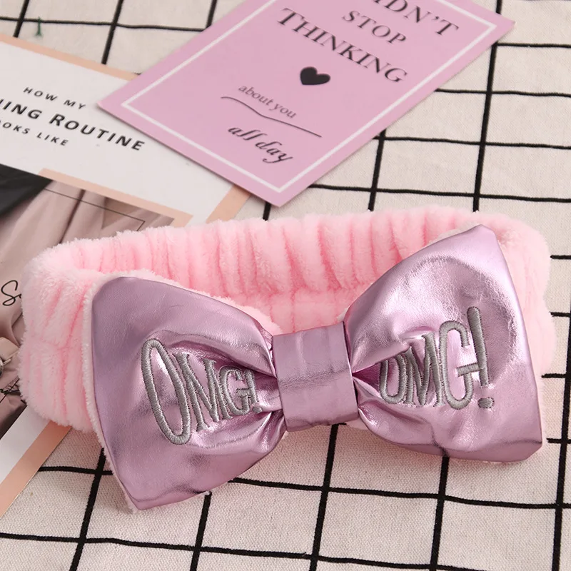 PU Pink Levao OMG повязка на голову с вышитыми буквами фланелевая повязка на голову с бантом банданы из искусственной кожи с надписью OMG повязка на голову тюрбан для женщин головной убор - Цвет: PU Pink