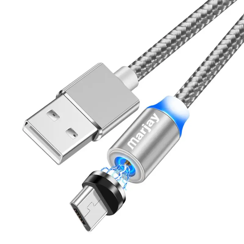 Магнитный зарядный кабель Marjay, 1 м, кабель Micro USB для iPhone XR XS Max X, магнитное зарядное устройство, usb type C, светодиодный кабель для зарядки - Цвет: Silver Micro Cable