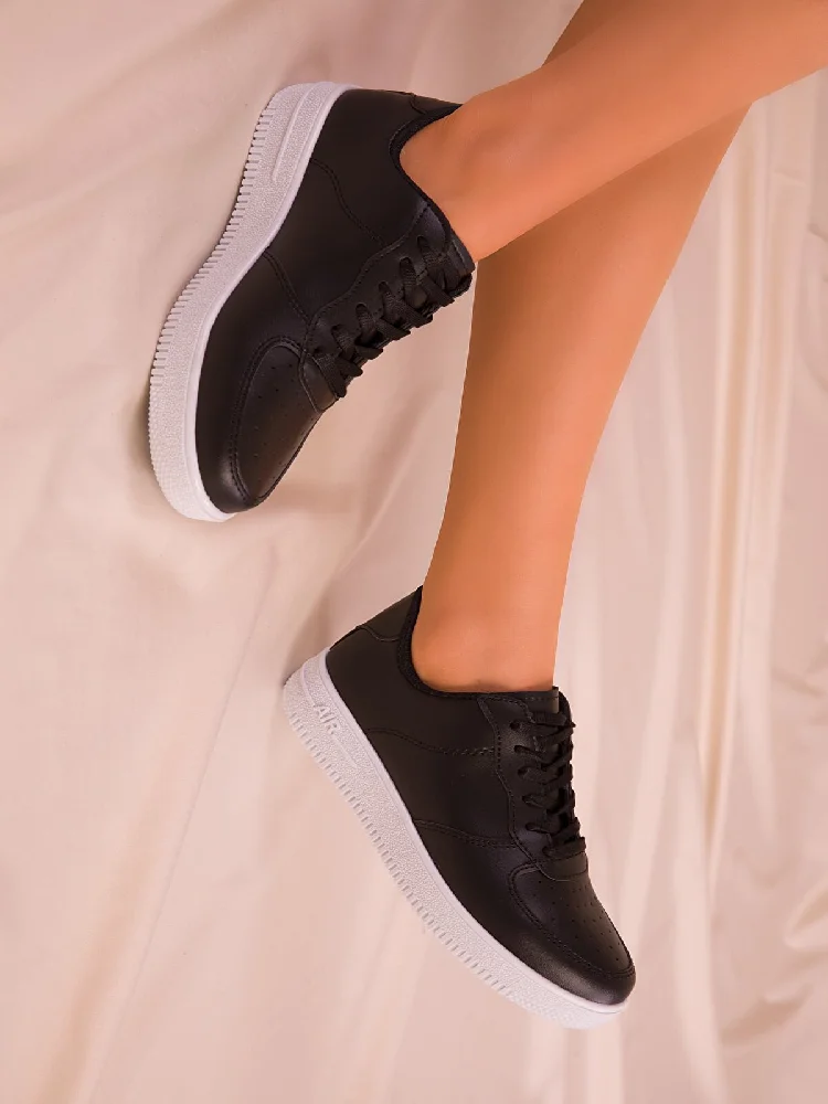 TuBiTex Lace-Up, Flat Sole, Daily Use, Unisex Black Sneakers, Suitable For Spring And Summer Seasons, Faux Leather