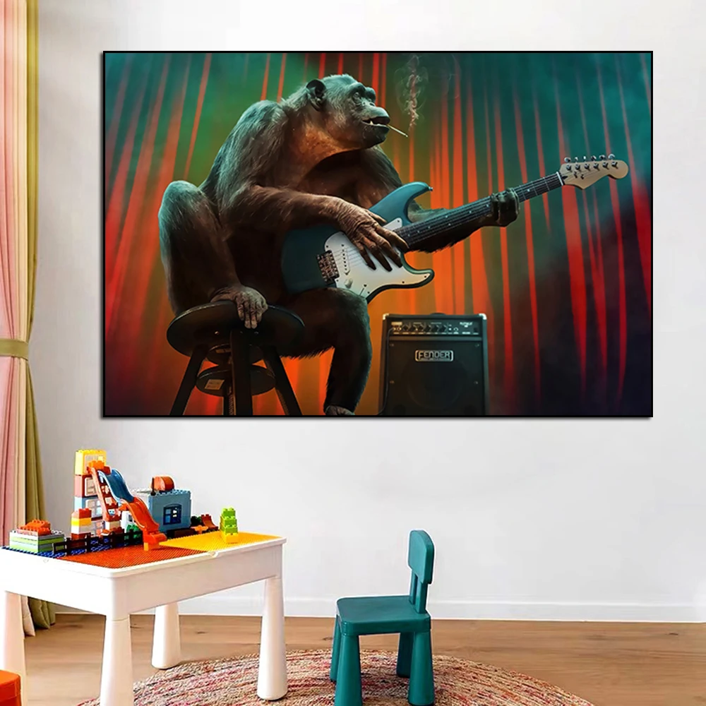 

Gorilla Concert Funny Art Poster Animal Smoking Canvas Painting Monkey Play Guitar Mural Wall Art Living Room Home Decoration
