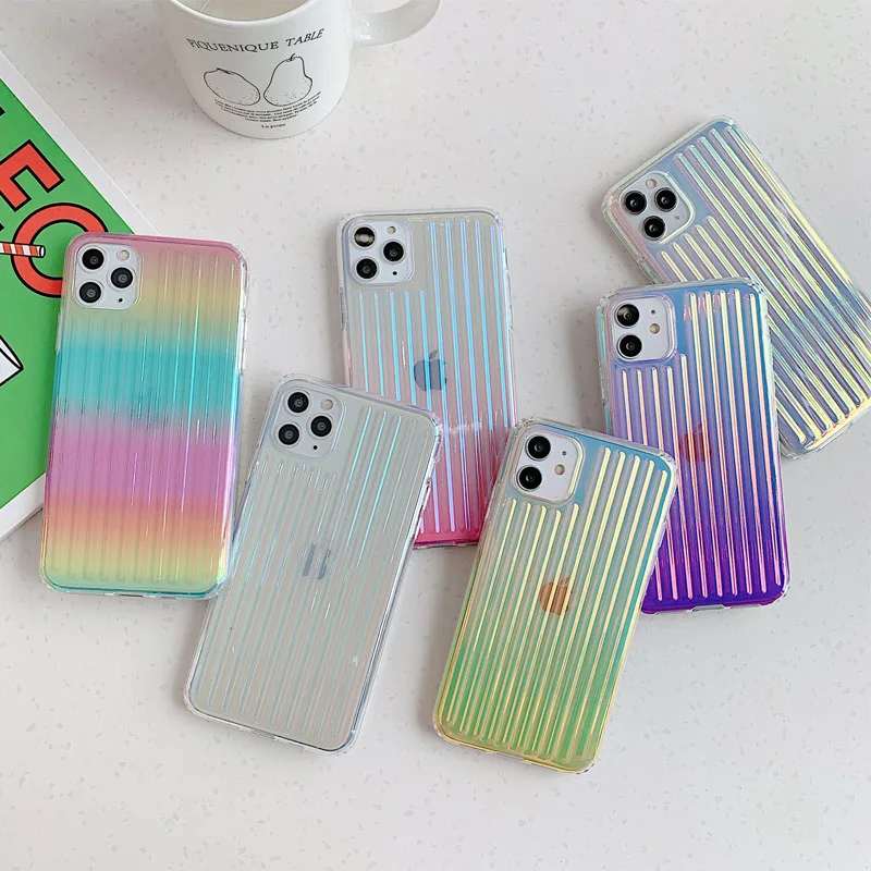 

For iPhone 12 pro max mini 11 XR XS X 7 8plus Case,Shiny Gradient Transparent Fun Luggage Design TPU+PC Protective Hard Case