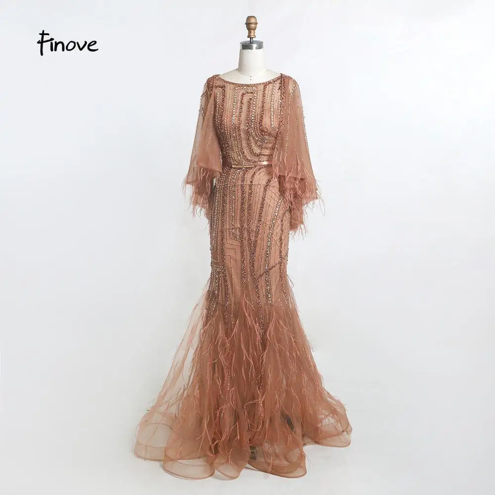 Finove Vintage Evening Dress Long 2020 New Noble Champagne Mermaid O Neck Beaded Feathers With Cloak Party Gowns Plus Size | Свадьбы и