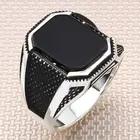 Окисленный прямоугольный черный оникс, мужское серебряное кольцо, тяжелый камень по месяцу рождения, Сделано в Турции, твердое искусственное серебро