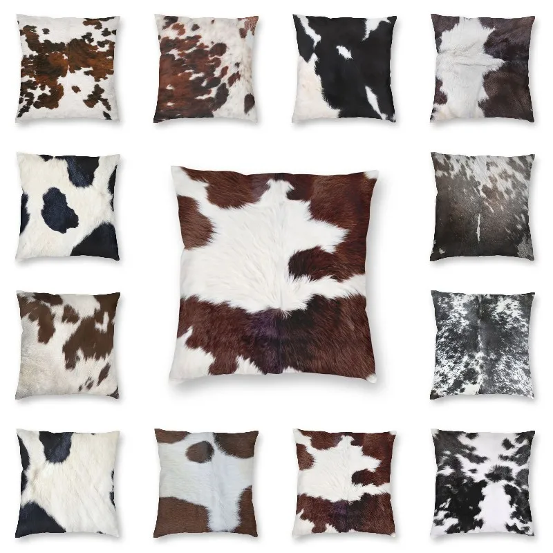 Smooth Cow Fur In Brown And White Colors Cushion Cover Printing Animal Skin Leather Printing Floor Pillow Case for Living Room