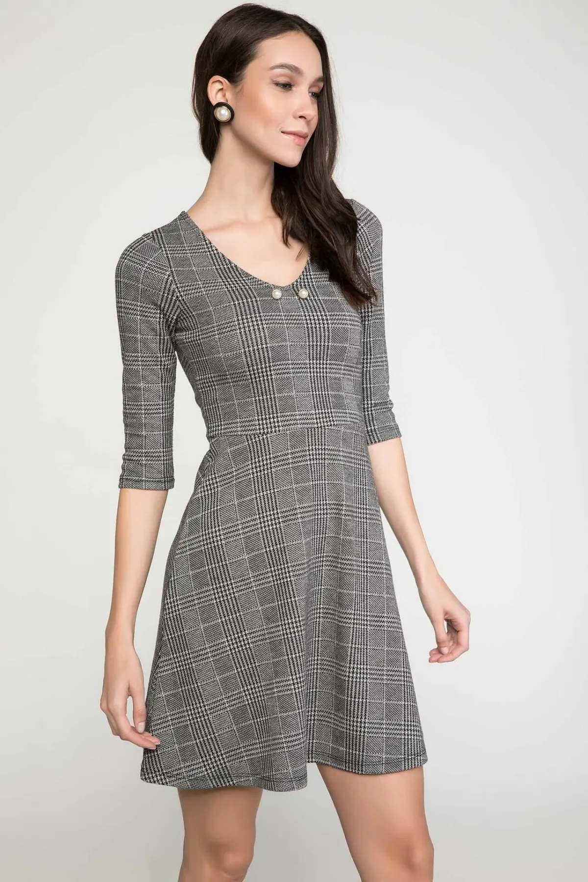 Дефакто Сексуальное Женское клетчатое платье с v образным вырезом для женщин