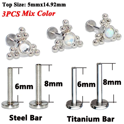 3PCS Mix Color 3 шт. G23 Титан& Сталь опал кластера ухо траг спиральный для хряща CZ серьги с драгоценным камнями губная серьга-гвоздик бар губ нательное пирсинг-кольцо ювелирные изделия - Окраска металла: 3PCS Mix Color