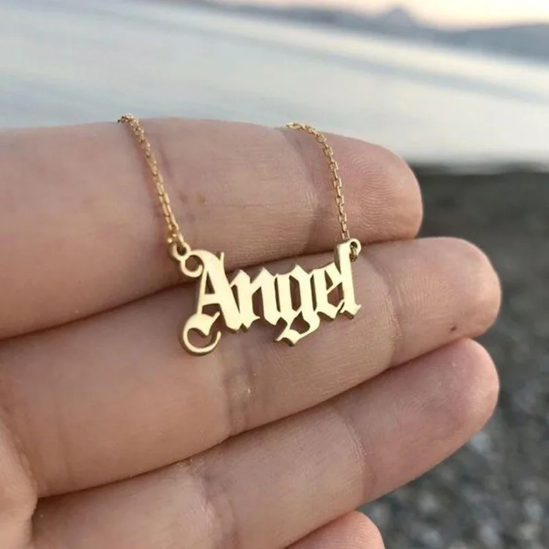 

Old English Font Necklace Angel Pendant Necklace For Women Stainless Steel Letter Boho Jewelry Girl Gift Gothic Vintage Necklace