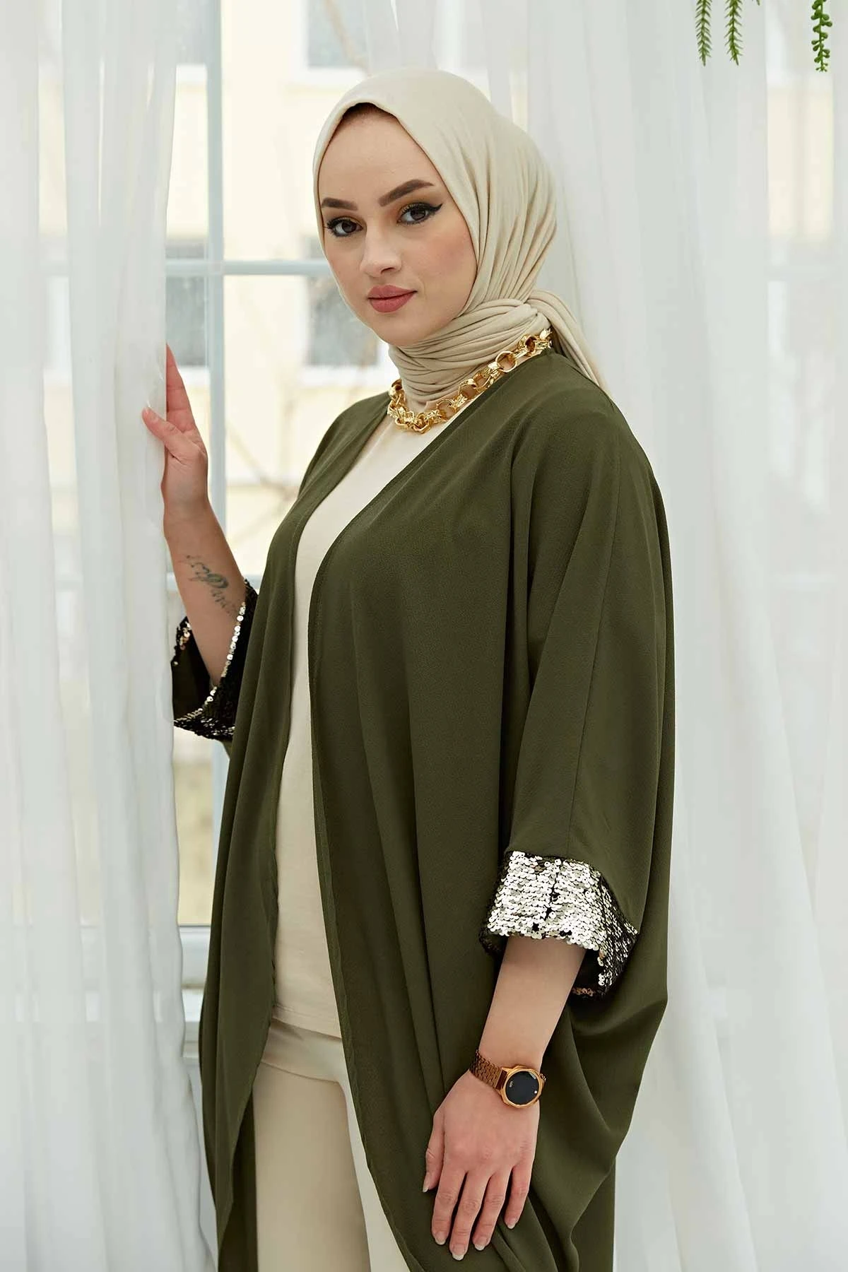 Ladies Sequins Sequined Kimono outfit for Muslim Women 'S Blue Cardigan İslamic Muslim Turkiye