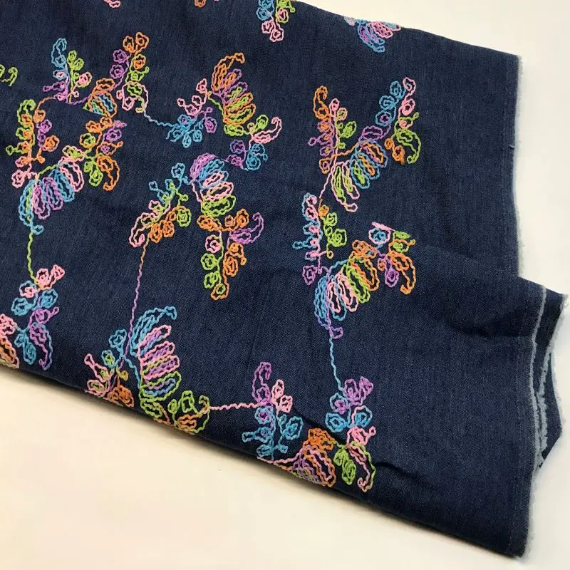 Fabric by meters denim fabrics MULTICOLOR flower embroidered dress PERTEX textile | Дом и сад