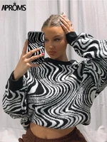 aproms elegant black white striped print knitted sweaters women 2022 winter long sleeve soft warm pullovers female ribbed jumper