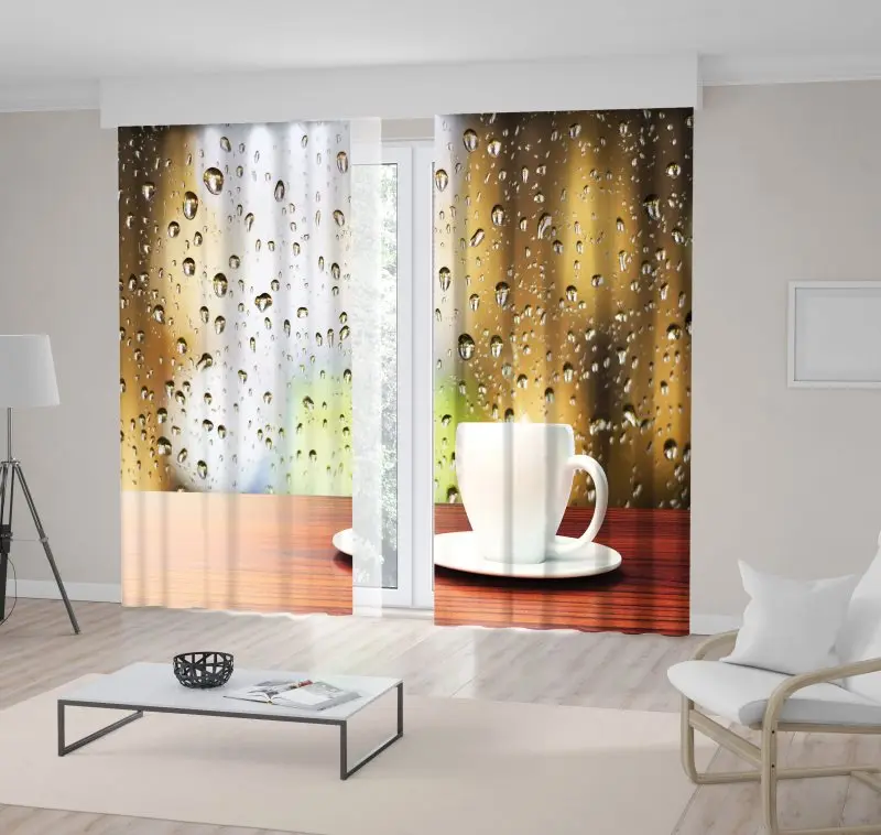 

Curtain Cup of Coffee on the Background of the Window with Raindrops Rainy Morning Breakfast Time View Brown Gold White
