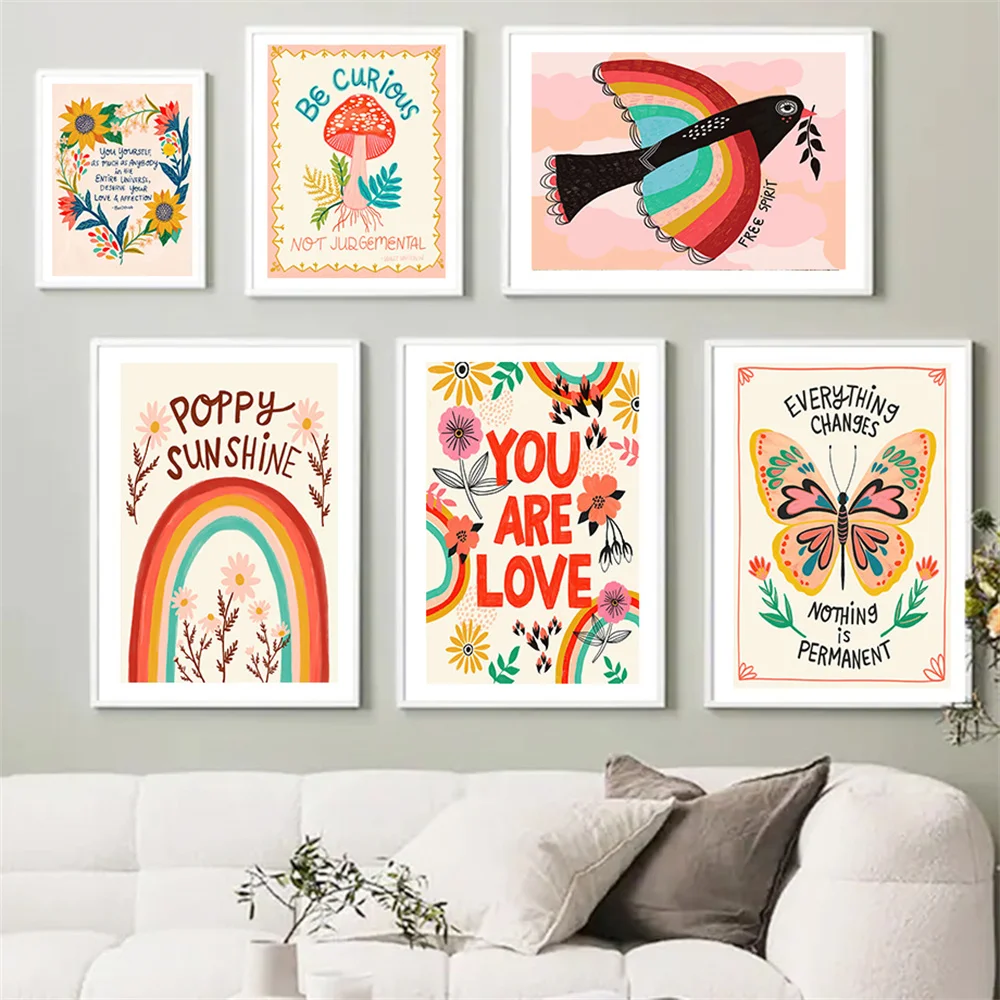 

Colorful Mushroom Butterfly Poster Inspirational Quote Boho Nursery Wall Art Picture Canvas Painting Nordic Prints Bedroom Decor