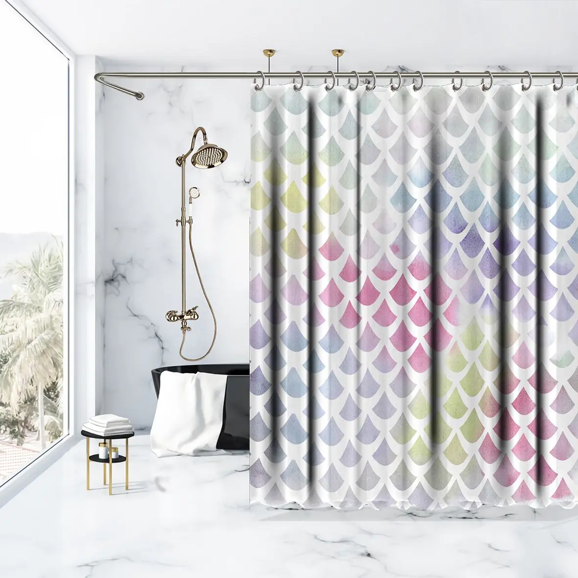 Занавеска для душа цветная рыбья чешуя декоративный орнамент стильное