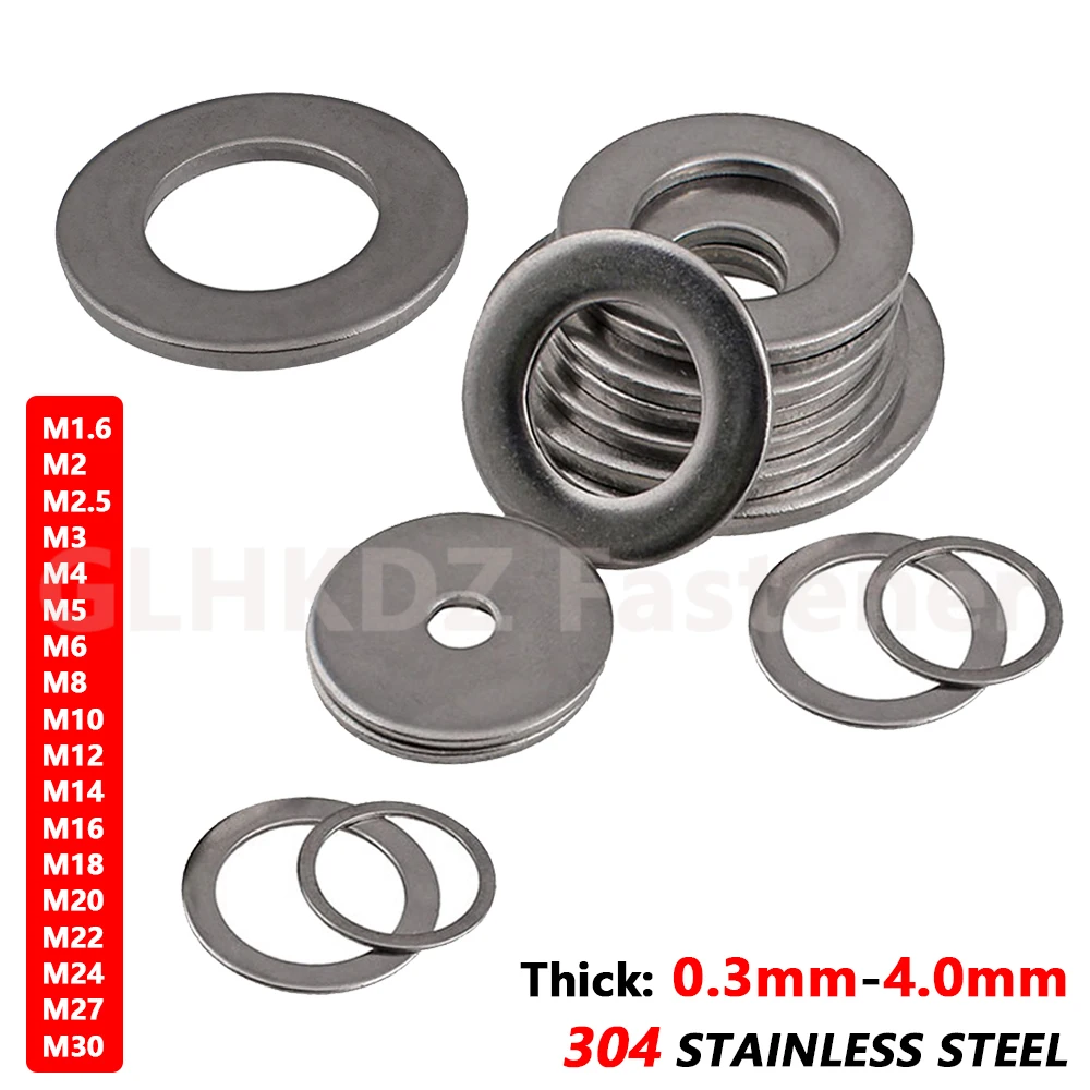 

5-100pcs 0.3-4mm Thick Flat Plain Washers Gasket Meson 304 A2 Stainless Steel For M1.6 M2 M2.5 M3 M4 M5 M6 M8 M10-M30 Screw Bolt
