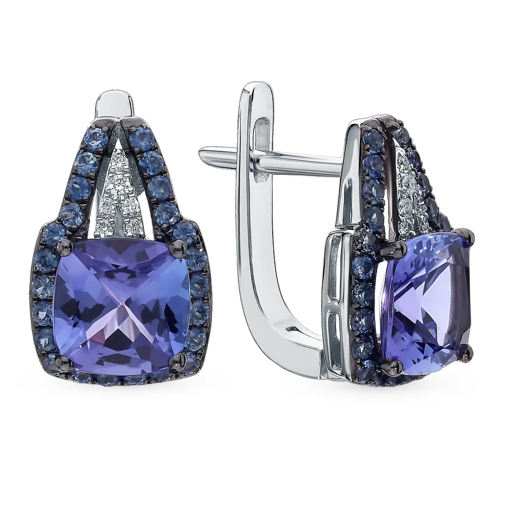 Золотые серьги с танзанитом сапфирами и бриллиантами SUNLIGHT проба 585|Серьги-клипсы|