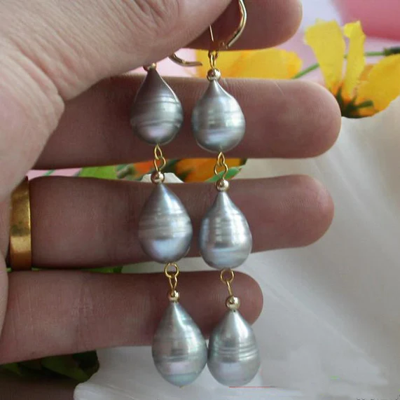 

Unique Design AAA+19mm Gray Rice Freshwater Pearls 14k Gold Dangle Earrings New Fine Wedding Birthday Party Chirstmas Lady Gift