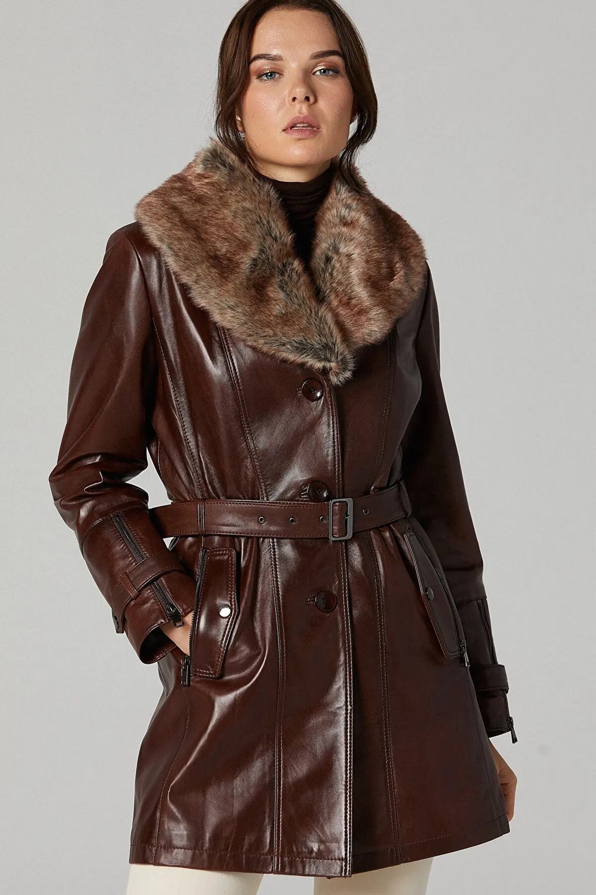 Women's collar fur leather jacket winter black color waterproof leather jacket genuine sheepskin long overcoat warm