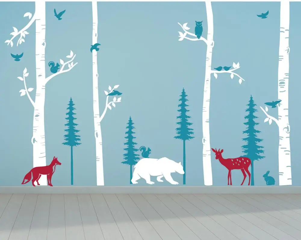 Forest Birch Tree Wall Decal with Animals Baby Nursery Stickers Pine and Trees | Дом и сад