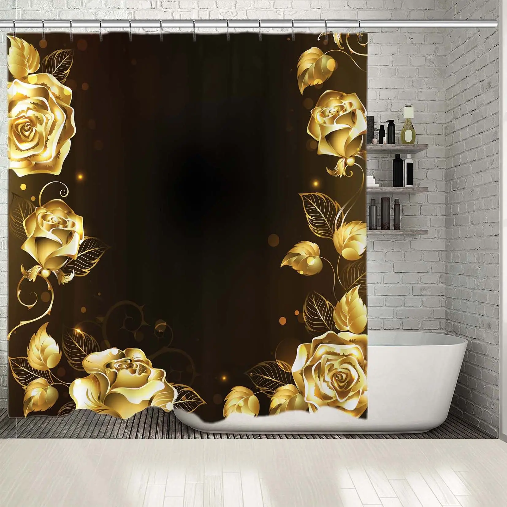 Занавеска для душа золотые розы на темном фоне цветочный букет классический
