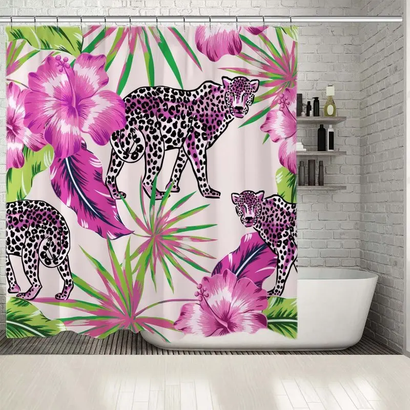 

Shower Curtain Leopard Exotic in Jungle Forest Leaves Flowers Wild Nature Artwork Printed Black Fuchsia Green