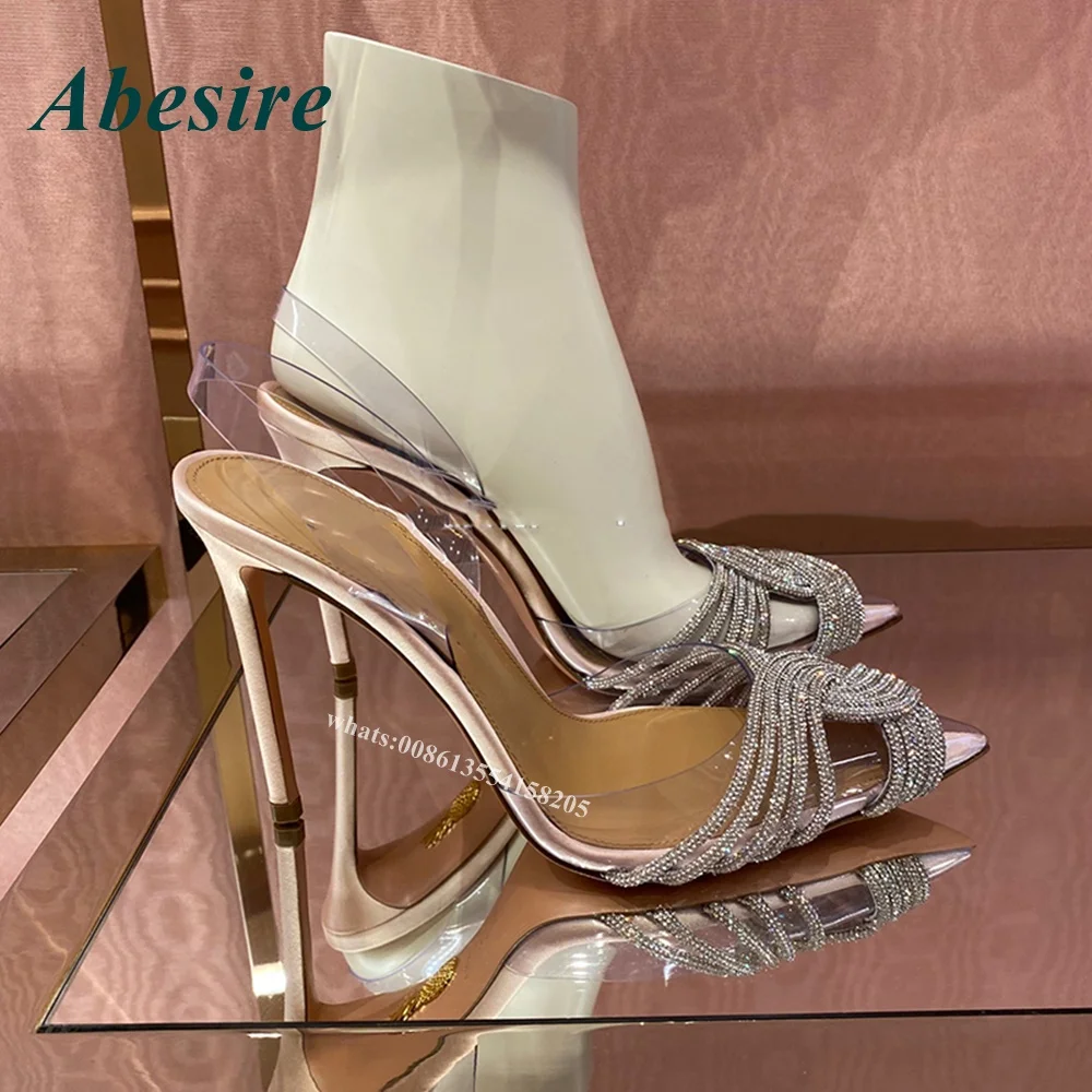 Pvc Crystal Ankle Strap Pumps 2022 New Twist Rhinestone Pointed Toe Stiletto Women Pumps High Heels Summer Silver Designer Sexy