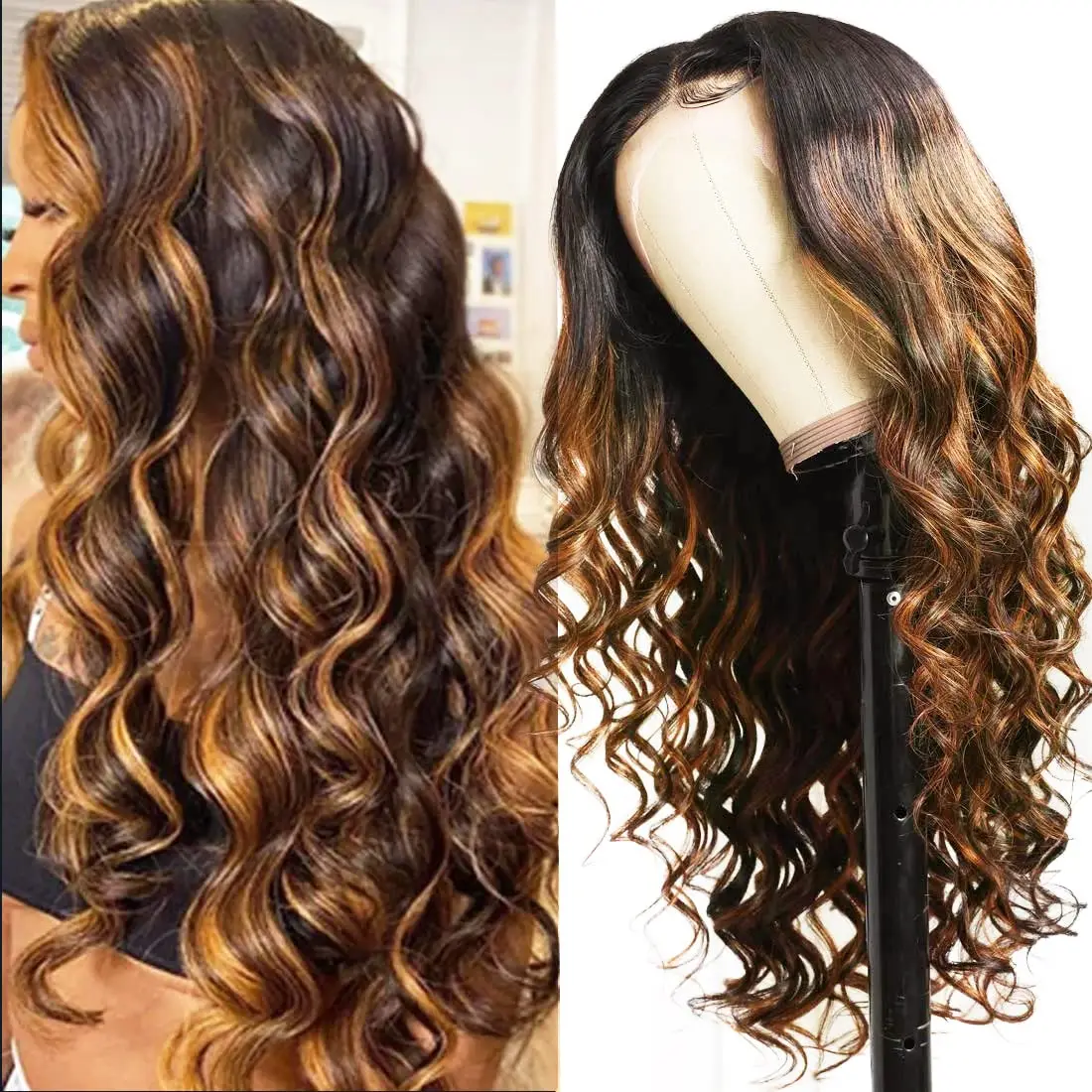 Curly Brown Highlights Lace Front Wig Human Hair Ombre Loose Wave 4xc Pre Plucked Middle Part Lace Closure Wig with Baby Hair
