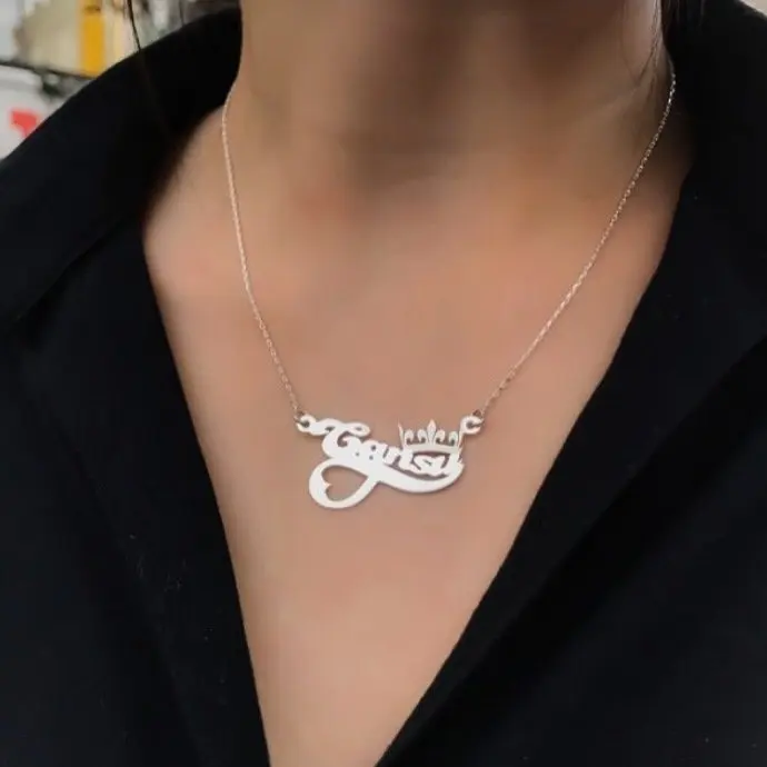 

Queen Crown Heart Is Silver Name Necklace