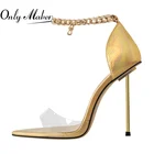 Женские босоножки Onlymaker с острым носком, металлическая цепочка, ремешок на щиколотке, тонкий высокий каблук, большие размеры