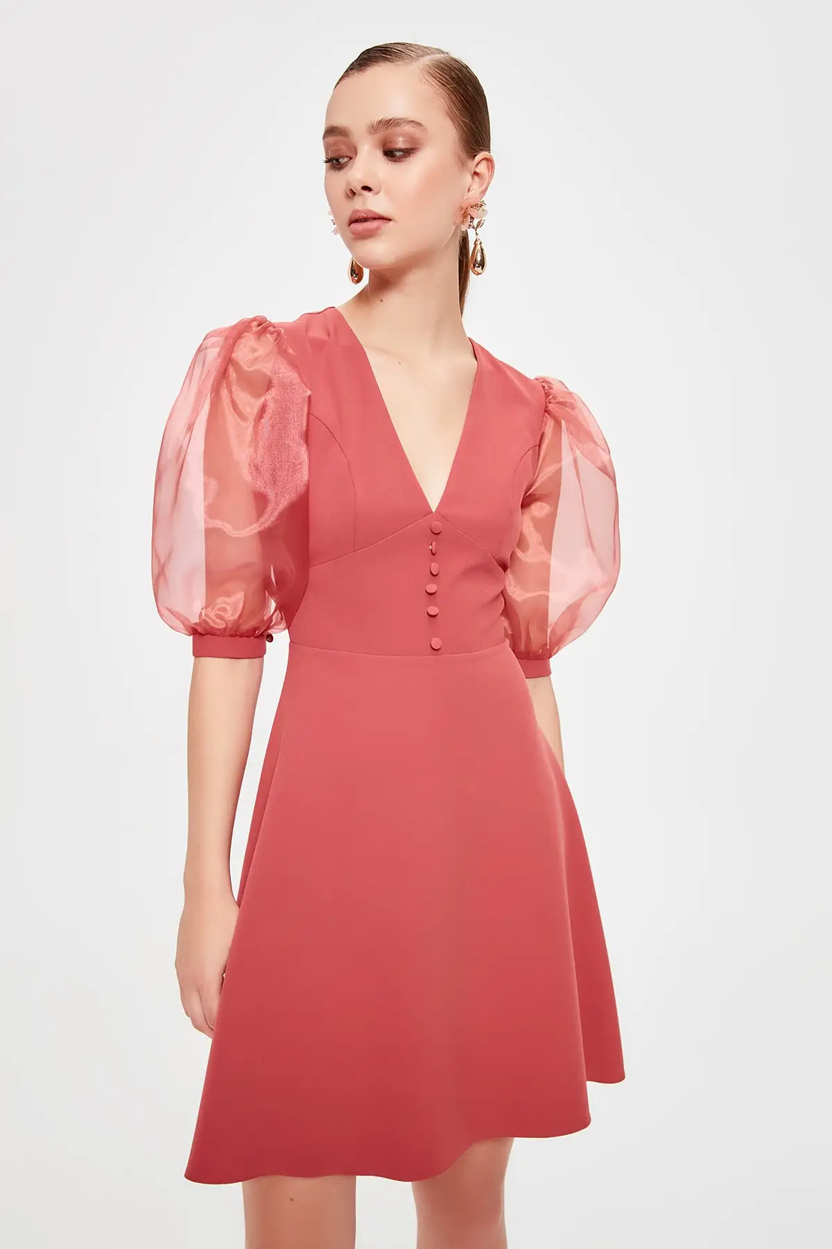 Trendyol платье из органзы с рукавами TPRSS20EL0098|Женские платья| |