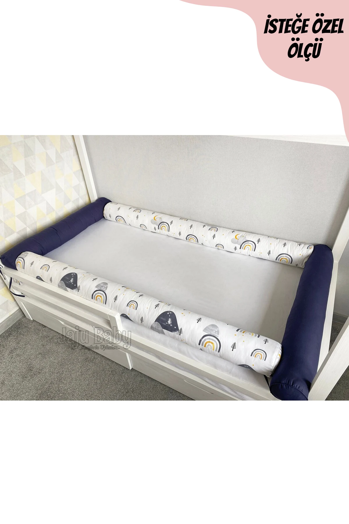 Jaju Baby Handmade Navy blue Color Rainbow Fabric Montessori Mattress Cylinder Barrier Crib Side Protection Custom Size | Мать и ребенок