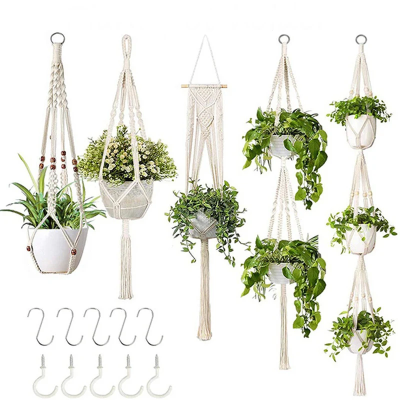 

5pcs Tassels Beige Hanging Pots Basket Bohemia Hand Weaving Hemp Rope Planter Holder Home Garden Plant flower pot bracket