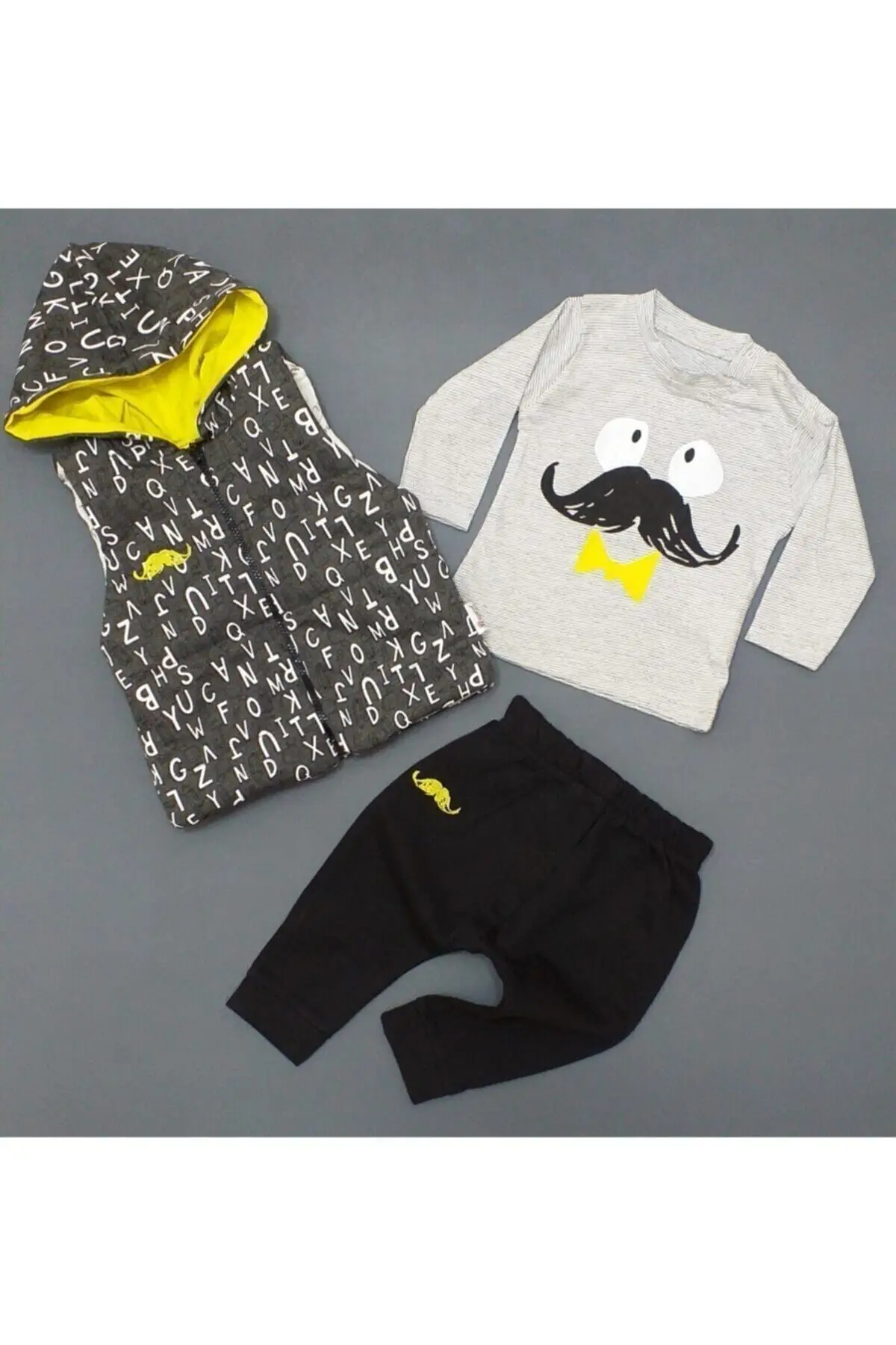 

Flaneur Baby Boy Sweatshirt Pants Waistcoat 3 Piece Set Moustache Patterned Cotton Lining Premium Quality