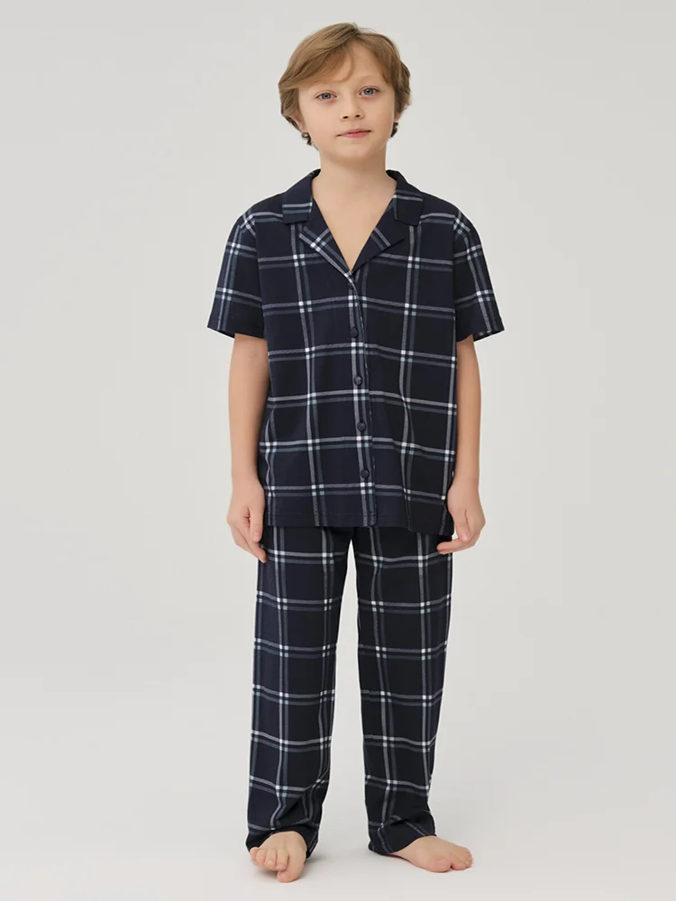 

Plaid Patterned Soft Textured Cotton Fabric Shirt Collar Top And Elastic Waist Bottom 2 Pieces Navy Blue Color Boys Pajamas Set