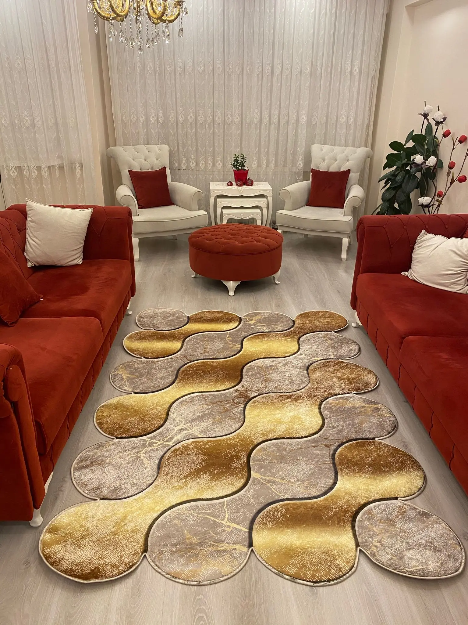 

Laser Cut Salon Carpet Premium Custom Production Latex Artificial Leather Base Cold Proof Gold Coffee Carpet