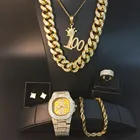 Роскошные мужские золотистые часы, ожерелье, браслеты, кольца и серьги, комбинированный комплект часов, ожерелье, кубинский хип-хоп для мужчин
