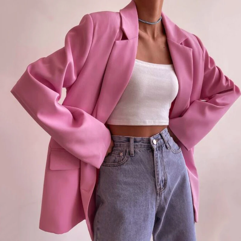 

Lolipomme 2022 Women Pink Khaki Blazer Coat Vintage Notched Collar Pocket Female Casual Chic Tops Oversized Suit Jacket