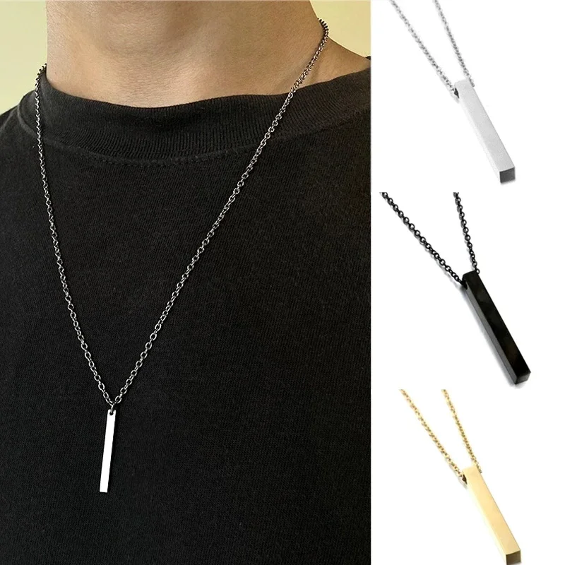 

New Fashion Unisex Steel Rectangle Bar Necklace Men Waterproof Stainless Steel Chain Pendant Necklace For Men Jewelry Gift