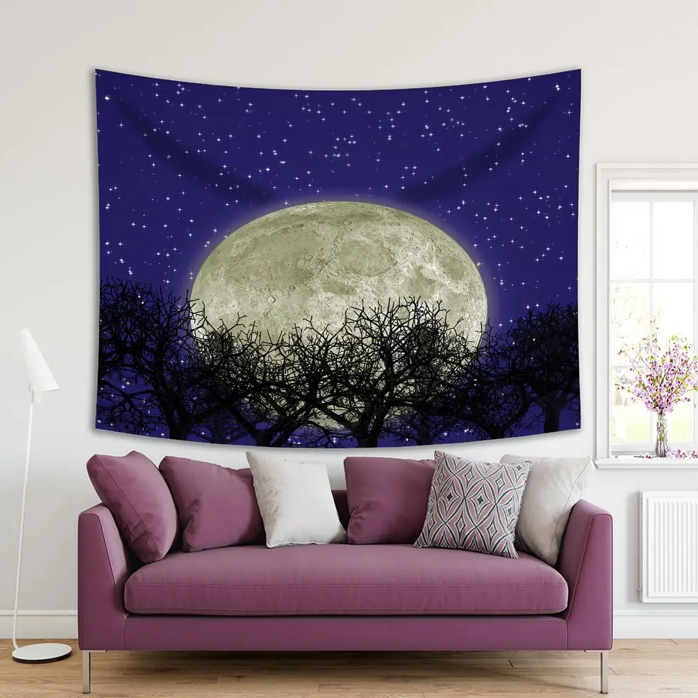 

Tapestry Star Covered Night Sky with Super Full Moon Tree Branches Silhouette Navy Blue Black Landscape View Printed