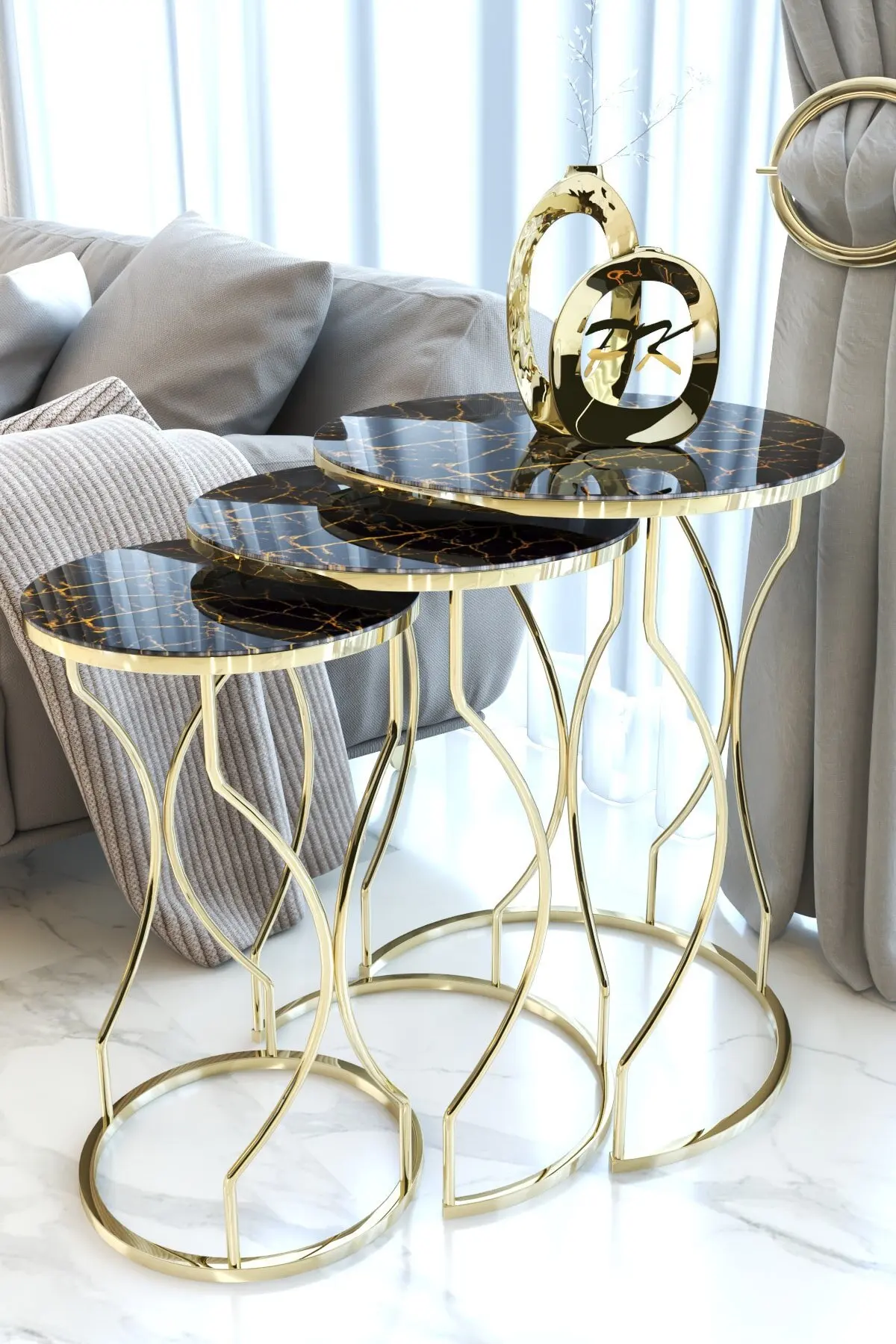 

Nesting Table 3 Pieces Lava Patterned Gold Leg Decorative Living Room Kitchen Home Furniture Coffee Table Decor Accessory Modern